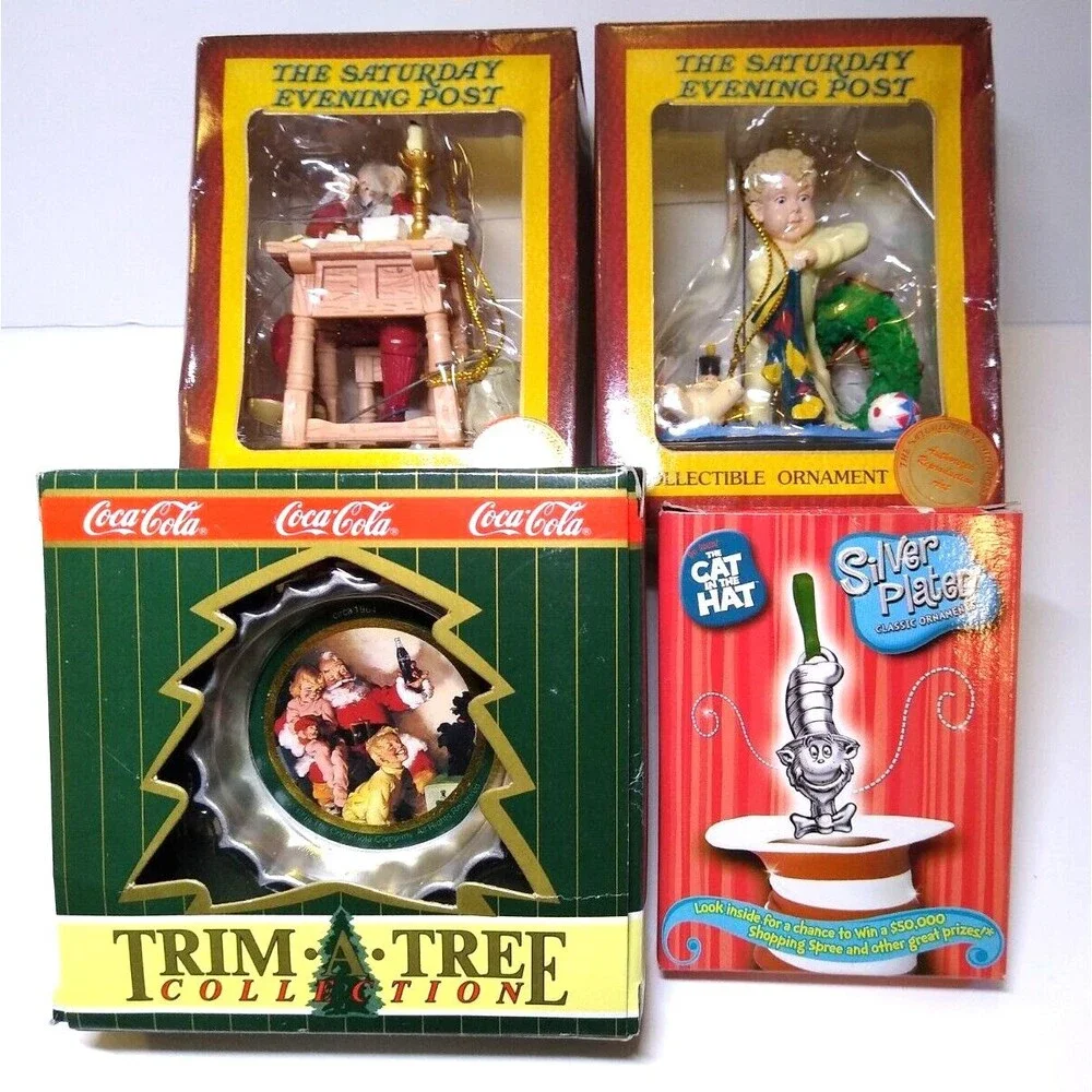 4 Vintage Christmas Ornaments The Saturday Evening Post Cat In The Hat Coca-Cola